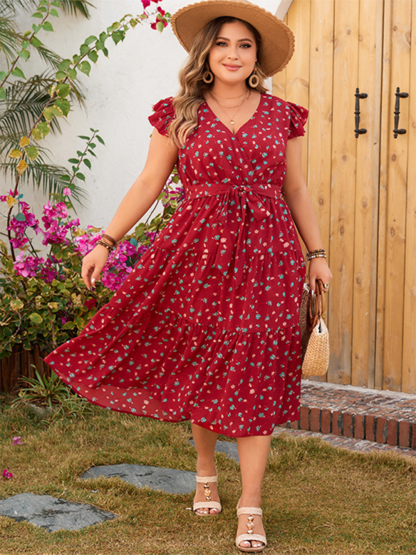 Plus size women's red printed sleeveless lace short-sleeved dress by Lady Ros