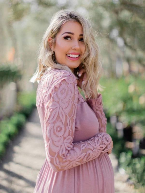 Maternity Lace Dress - Long Sleeve Round Neck Solid Color by Lady Ros