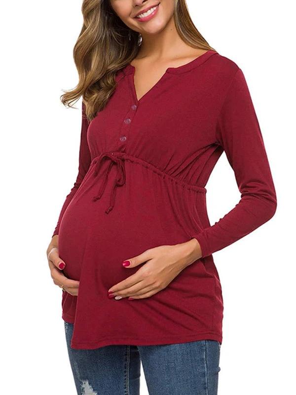 Maternity Cardigan - Long Sleeve V-Neck Drawstring Button Top by Lady Ros