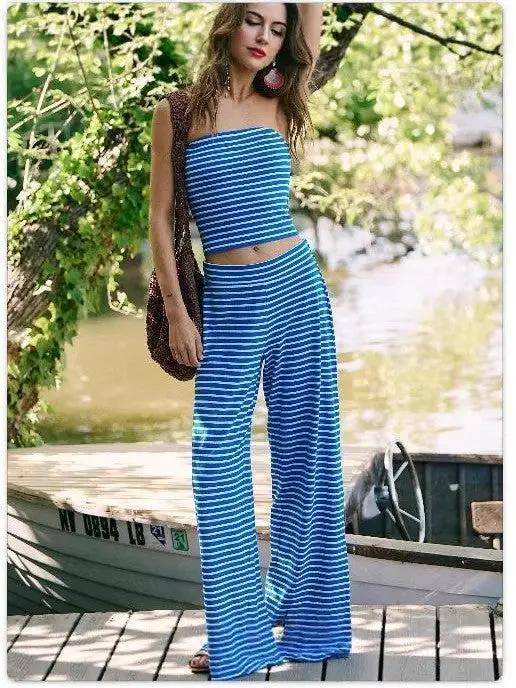 Printed Striped Tube Top And Pants Set by GJG Denim