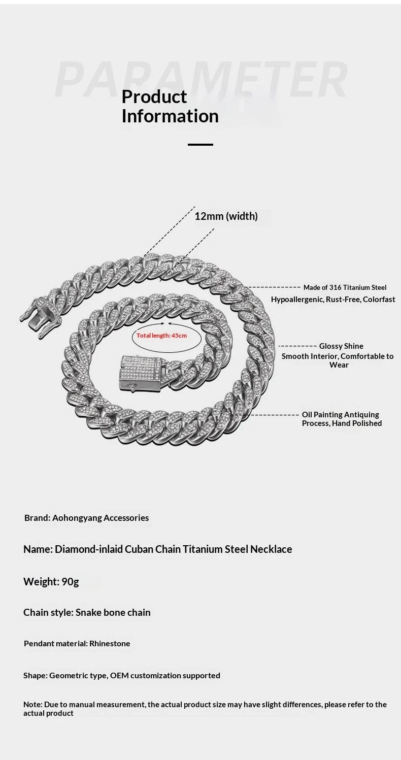 Diamond-like Encrusted Cuban Chain Titanium Steel Necklace For Men by GJG Denim