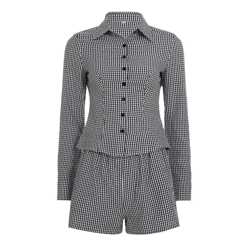 Plaid-printed Button-front Long-sleeve Shirt Cardigan And Elastic-waist Shorts Set by GJG Denim
