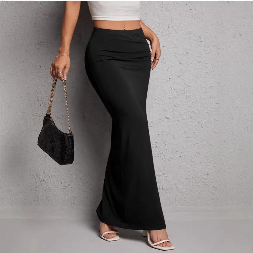 Solid-color High-waisted Elegant Pleated Slit Midi Skirt by GJG Denim