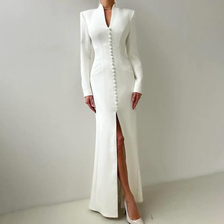 V-neck Long Sleeve High Waist Slit French Dress by GJG Denim