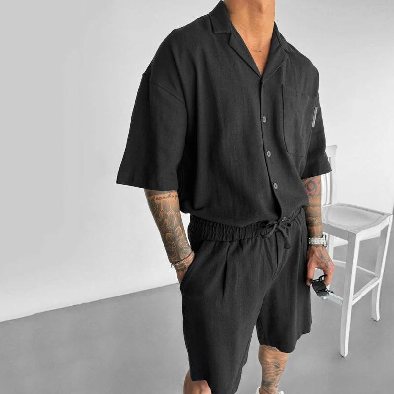 Casual Polo Collar Pocket Loose Short Sleeve Shirt Shorts Suit by GJG Denim