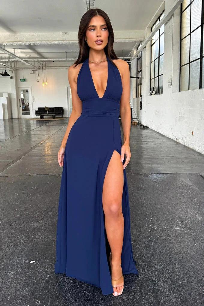 Spring New Women's Style Hanging Neck V-neck Slit Long Solid Color Dress by GJG Denim