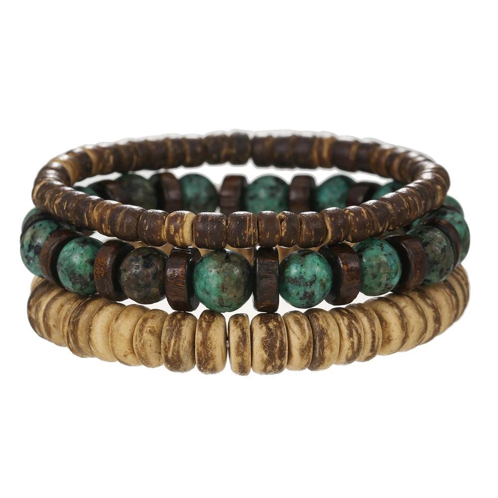 Retro Men's Coconut Wood Multi-Layer Stackable Bracelet Set by GJG Denim