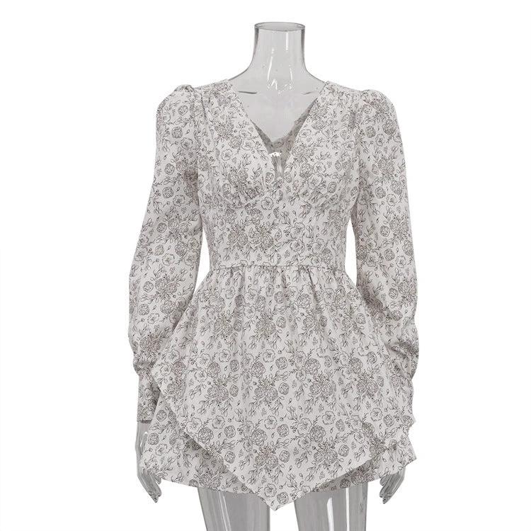 Retro Printed V-neck Long Sleeve Irregular Hem Dress by GJG Denim