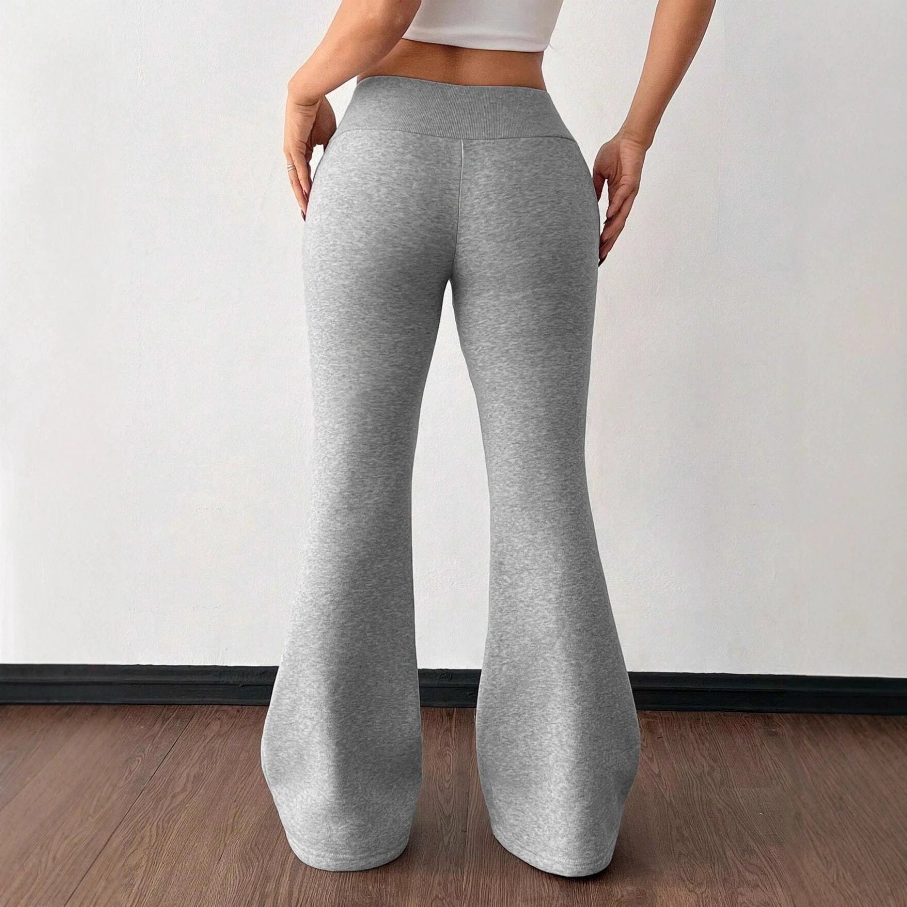 Padded Fleece Trousers High Waist Pure Color Sweatpants by GJG Denim