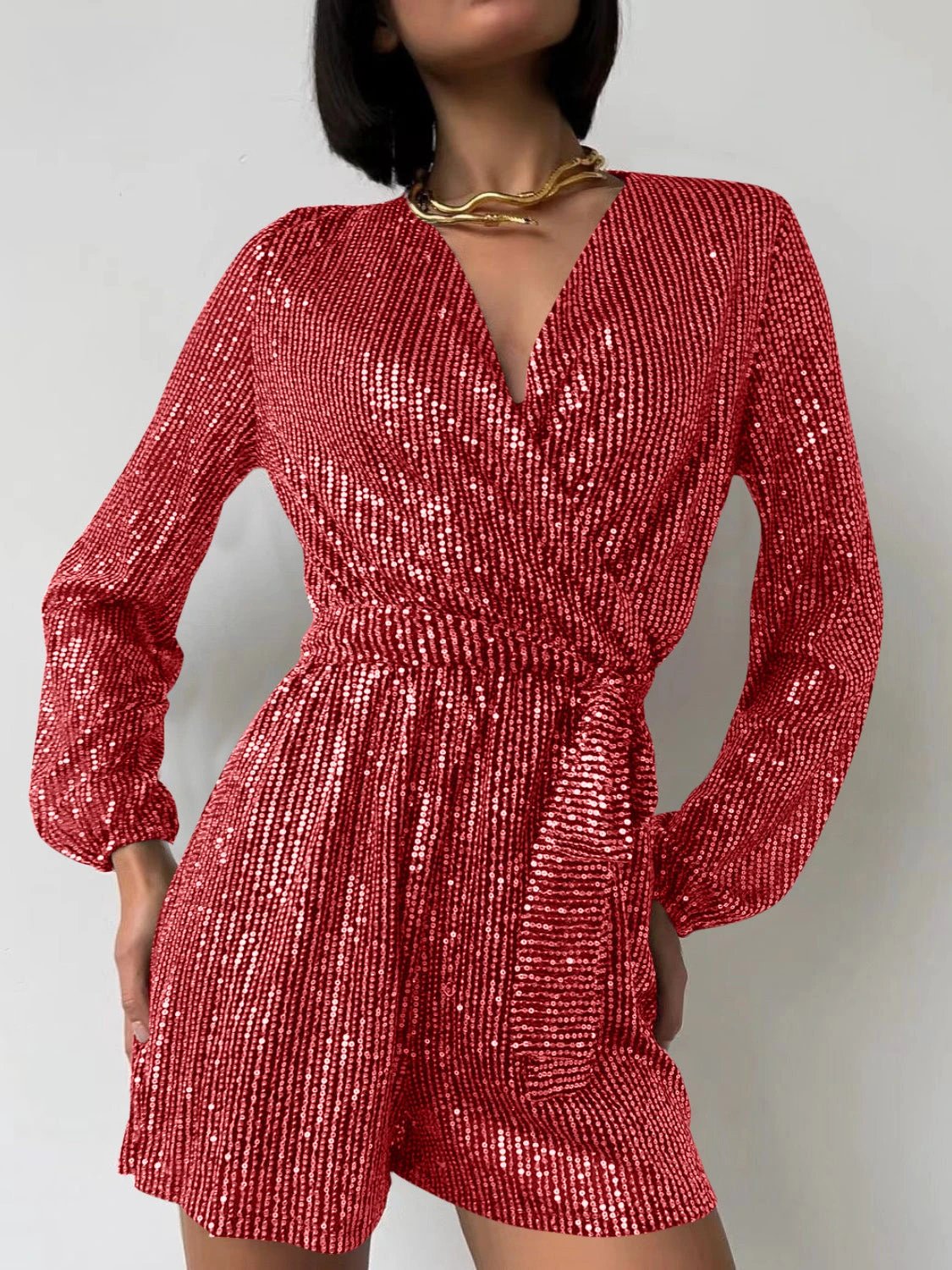 Full Size Sequin Surplice Tie Waist Long Sleeve Romper by Lady Ros