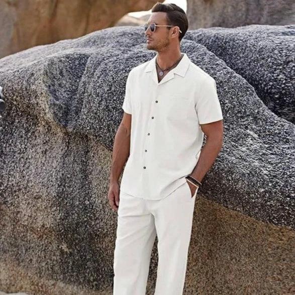 Men's Vintage Short-sleeve Shirt And Casual Trousers Two-piece Set by GJG Denim