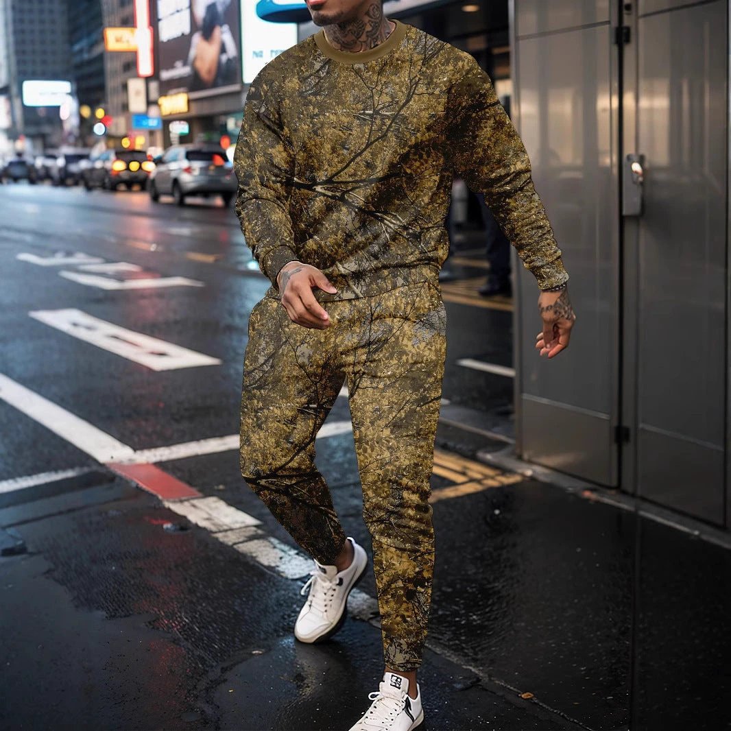 Round Neck Sweater Jungle Camouflage Sportswear Long Sleeve Two-piece Pants by GJG Denim