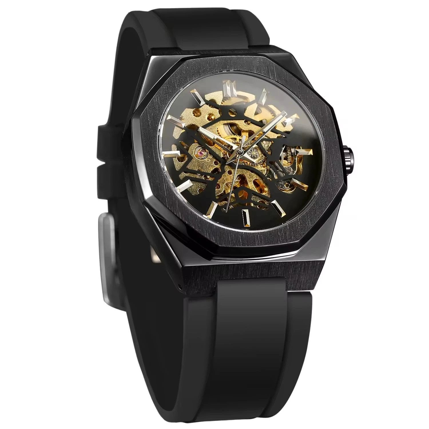 Casual Silver Hollow Skeleton Rubber-band Automatic Mechanical Watch For Men by GJG Denim