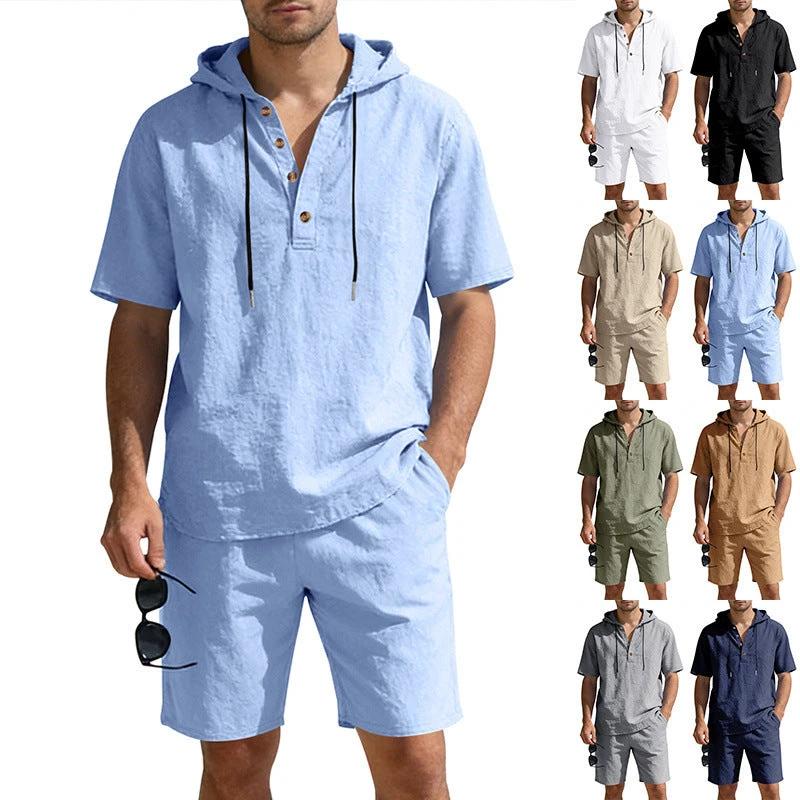 Mens Loose Breathable Linen Hooded Casual Set by GJG Denim