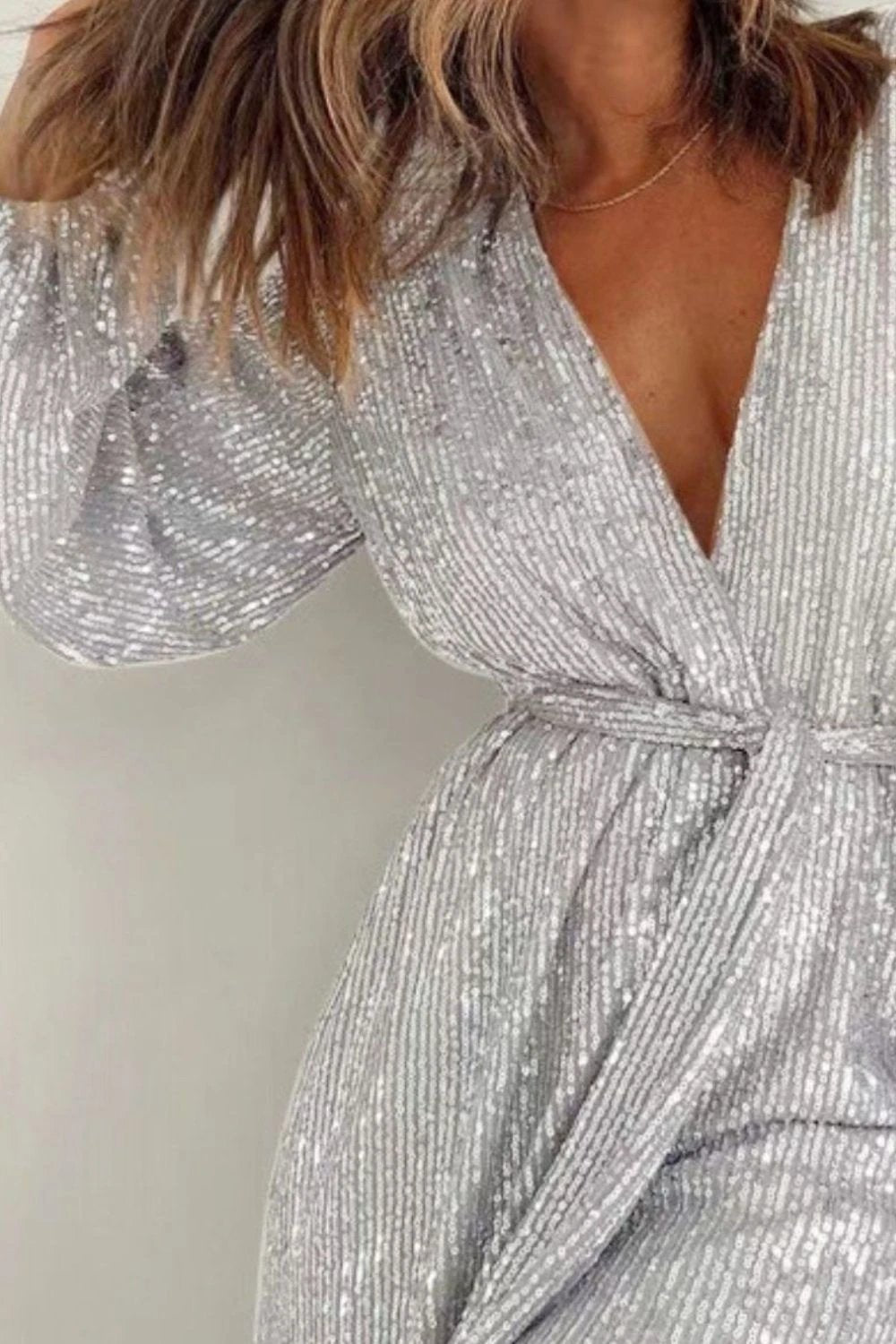 Full Size Sequin Surplice Tie Waist Long Sleeve Romper by Lady Ros