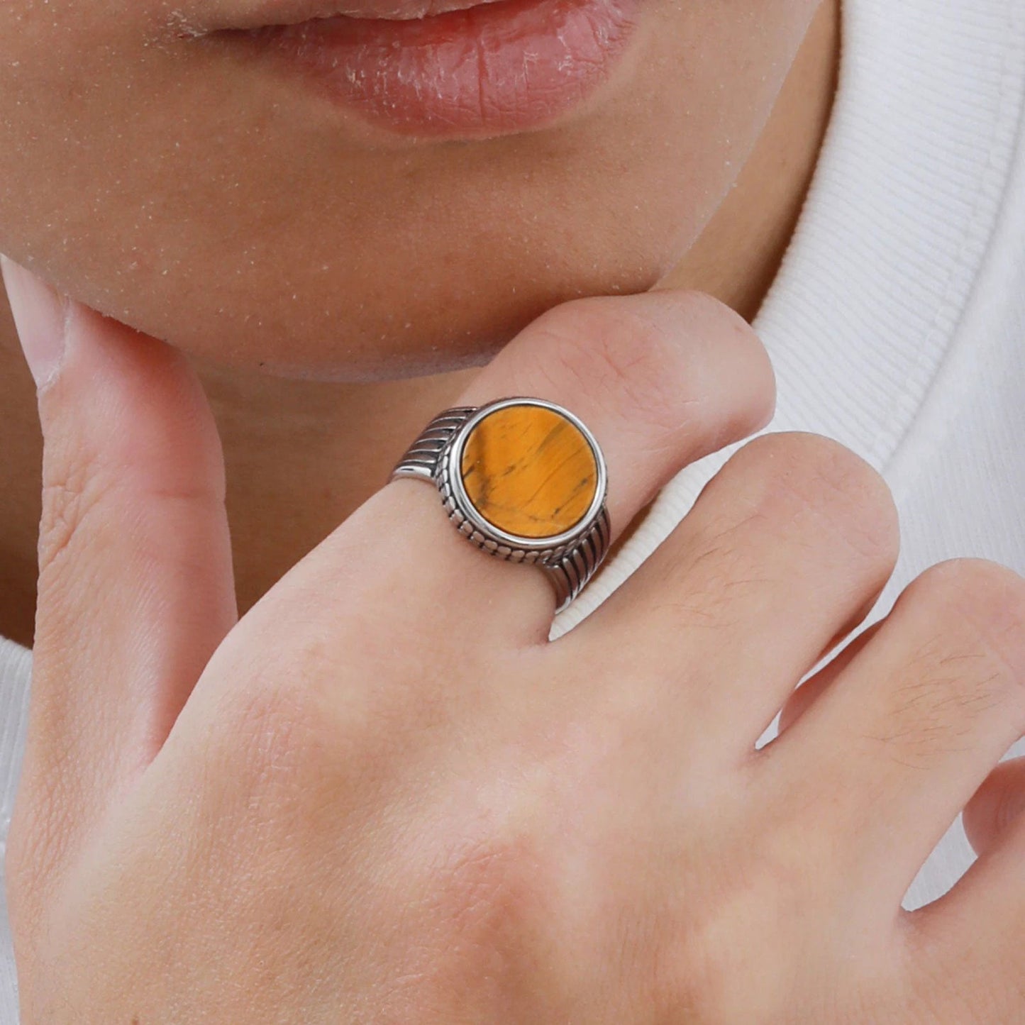Stainless Steel Men's Tiger Eye Stone Cast Ring Vintage Style