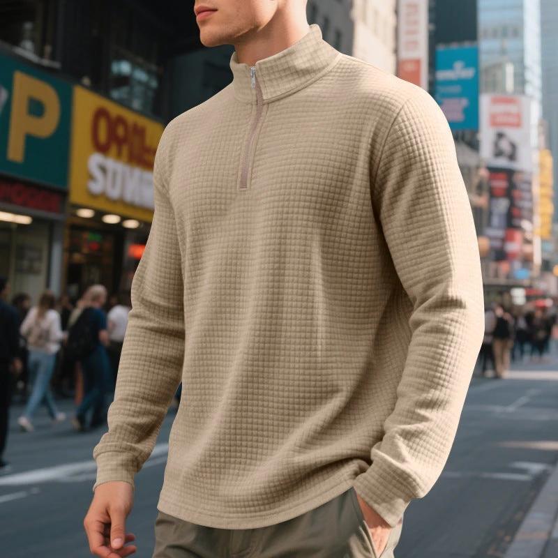 Men's Stand Collar Half Zip Small Plaid Sweater by GJG Denim