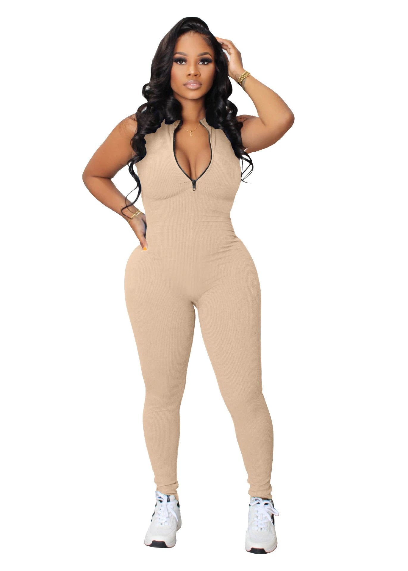 Women's Solid Color Stretch Small Sunken Stripe Zipper Jumpsuit by GJG Denim