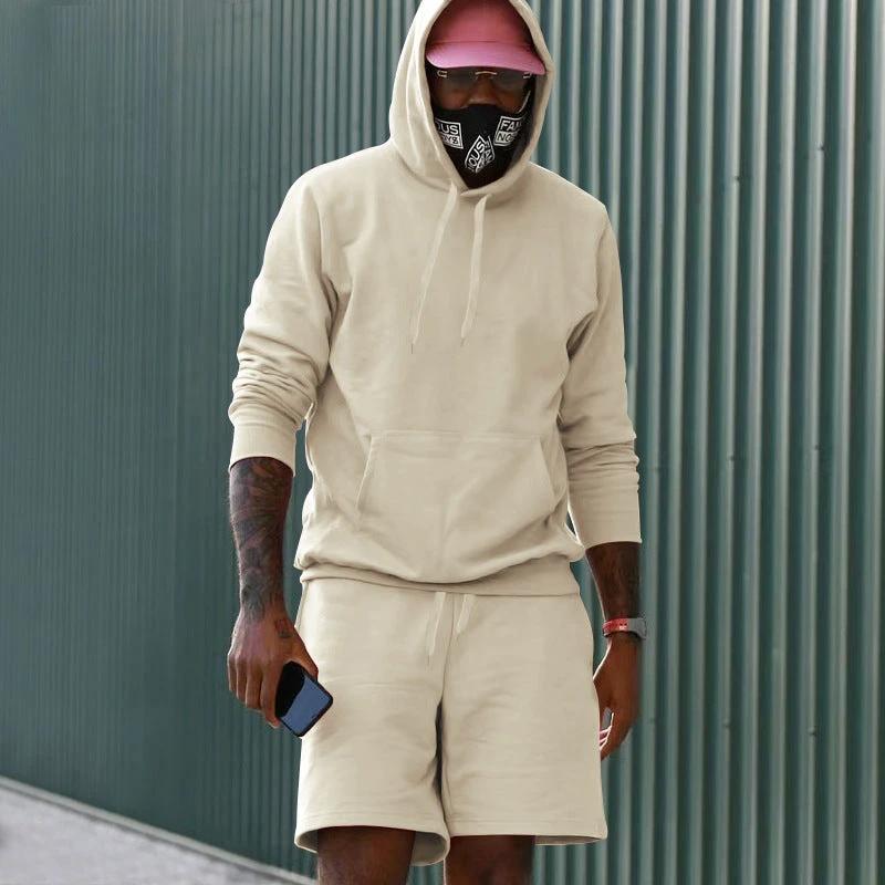 Men's Fleece-Lined Hoodie And Shorts Two-Piece Set by GJG Denim