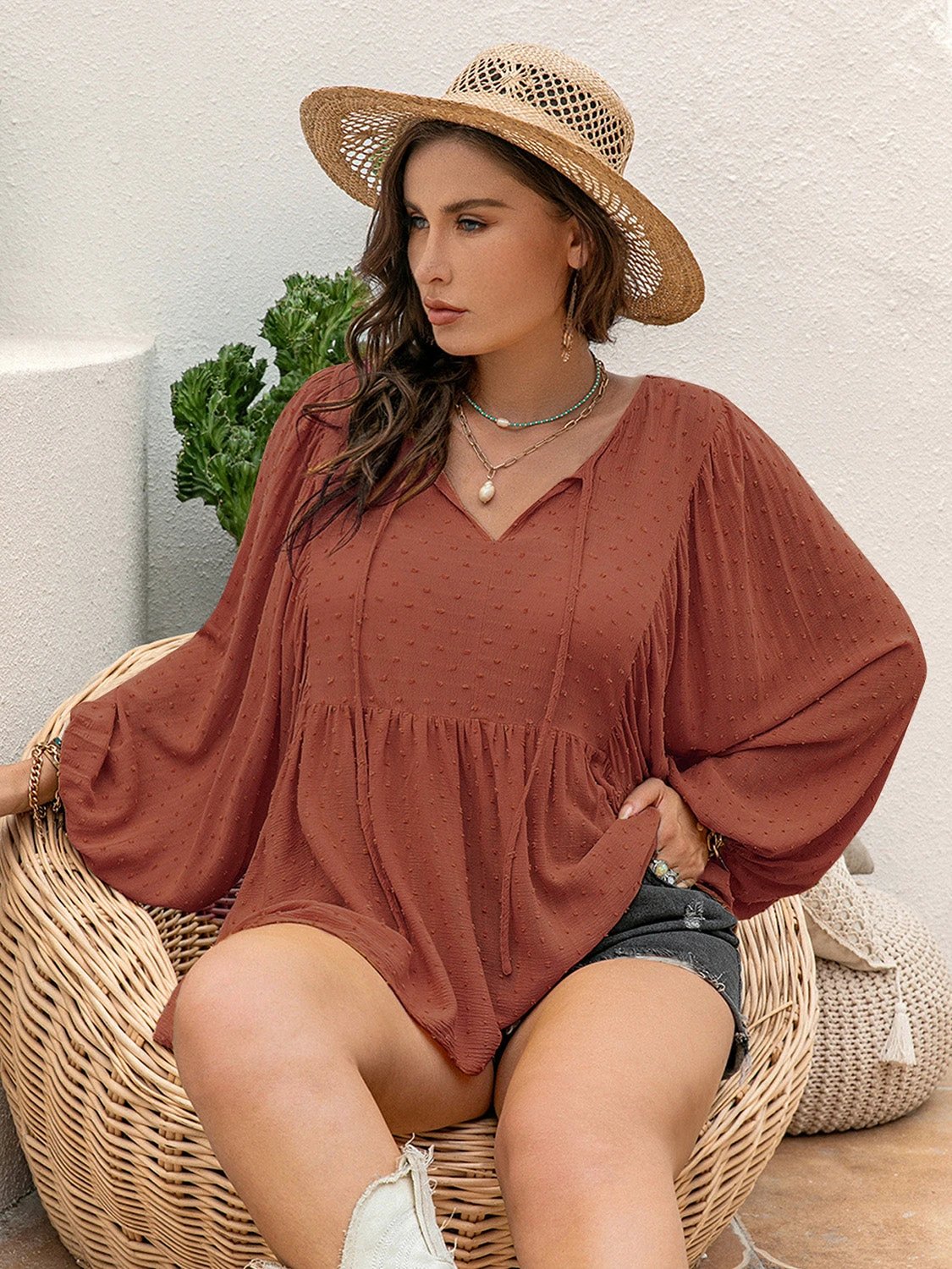Plus Size Swiss Dot Tie Neck Long Sleeve Blouse by Lady Ros