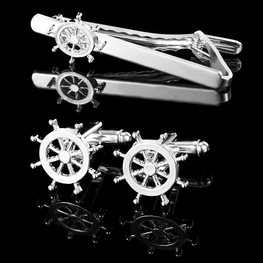 Men's Trendy Rudder Cufflinks and Tie Clip Set by GJG Denim