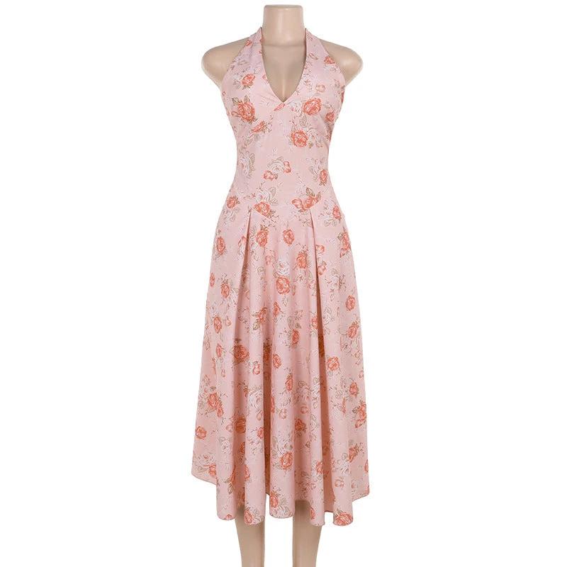 Floral Print Halter A- Line Dress Women by GJG Denim