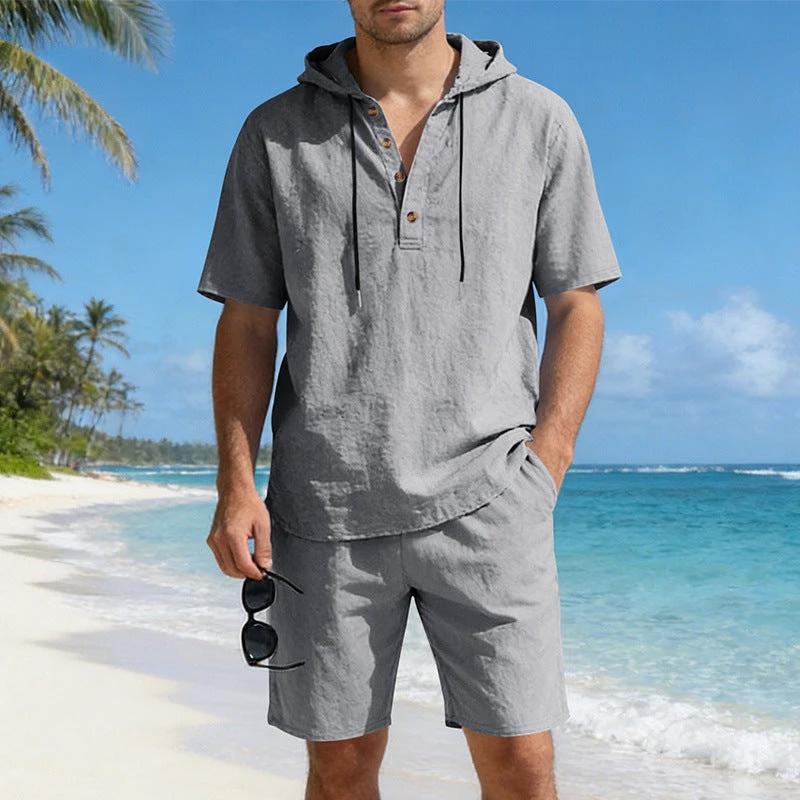 Mens Loose Breathable Linen Hooded Casual Set by GJG Denim