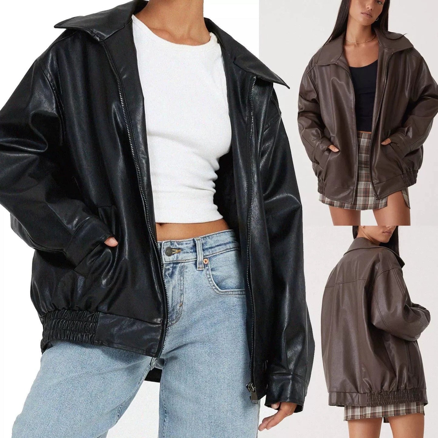 Spring And Autumn European And American Leather Jacket Locomotive Style Loose Top Coat Women by GJG Denim