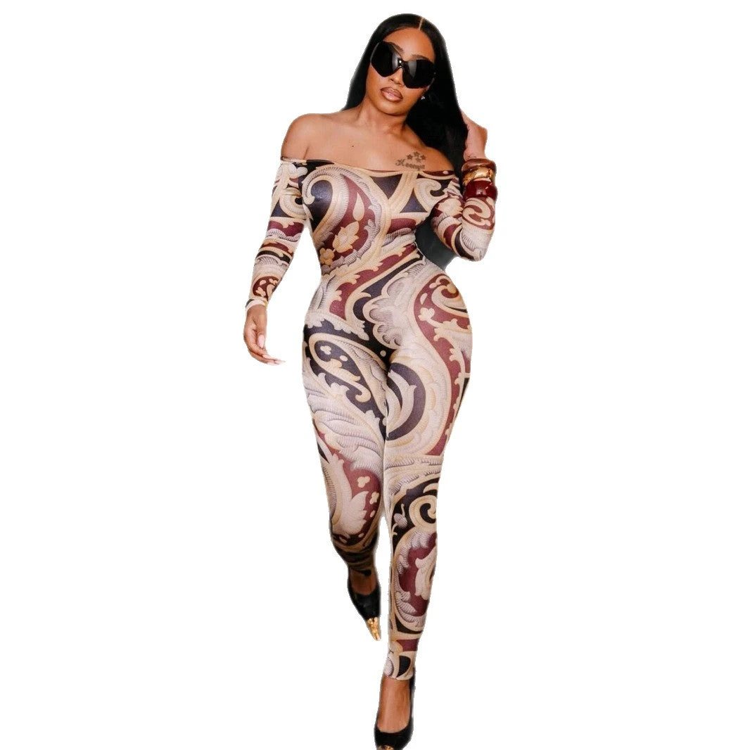 Sexy Print Off-shoulder Cinched Bodycon One-piece Trousers by GJG Denim