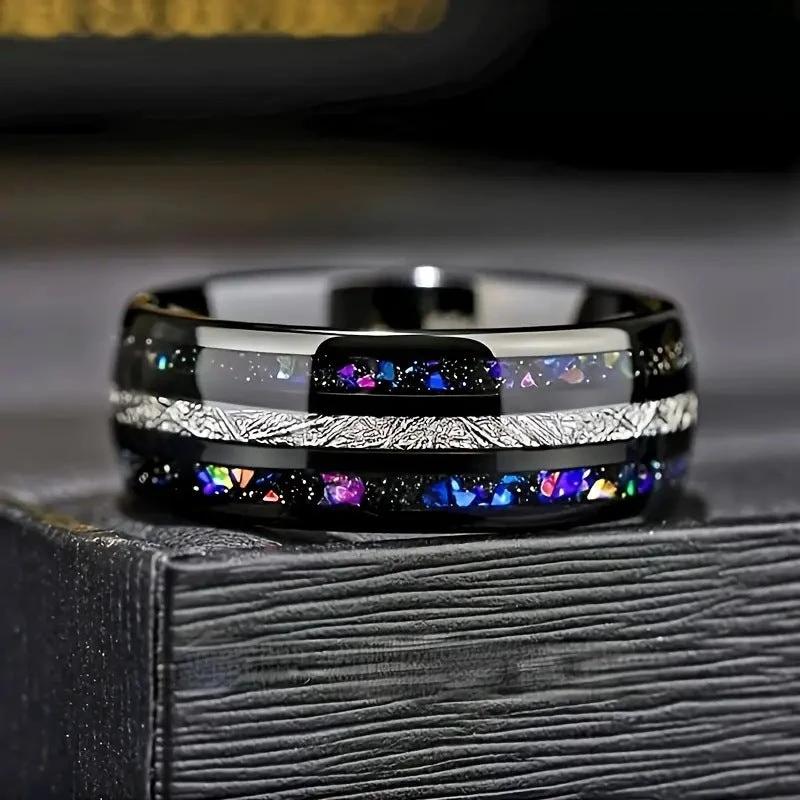 Stainless Steel With Starry Sky Colorful Silver Silk Opal Ring For Men by GJG Denim
