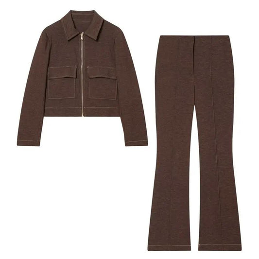 New Womens Clothing Lapel-collar Casual Short Jacket And Flared Pants by GJG Denim