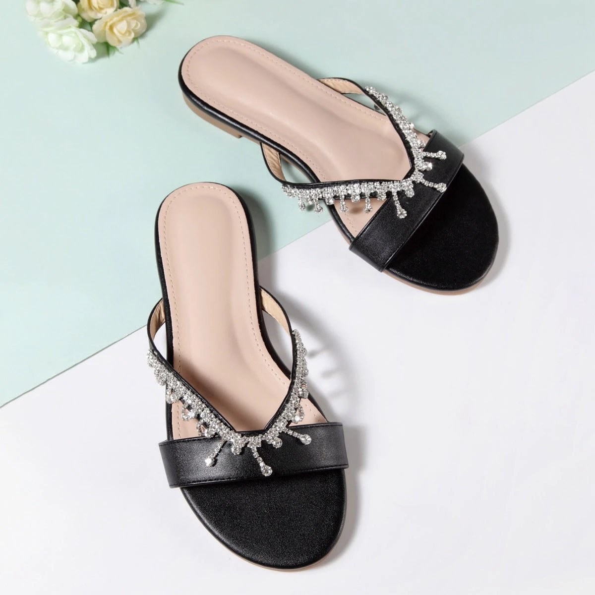 Hand-Beaded Flat Sandals With Diamonds by GJG Denim