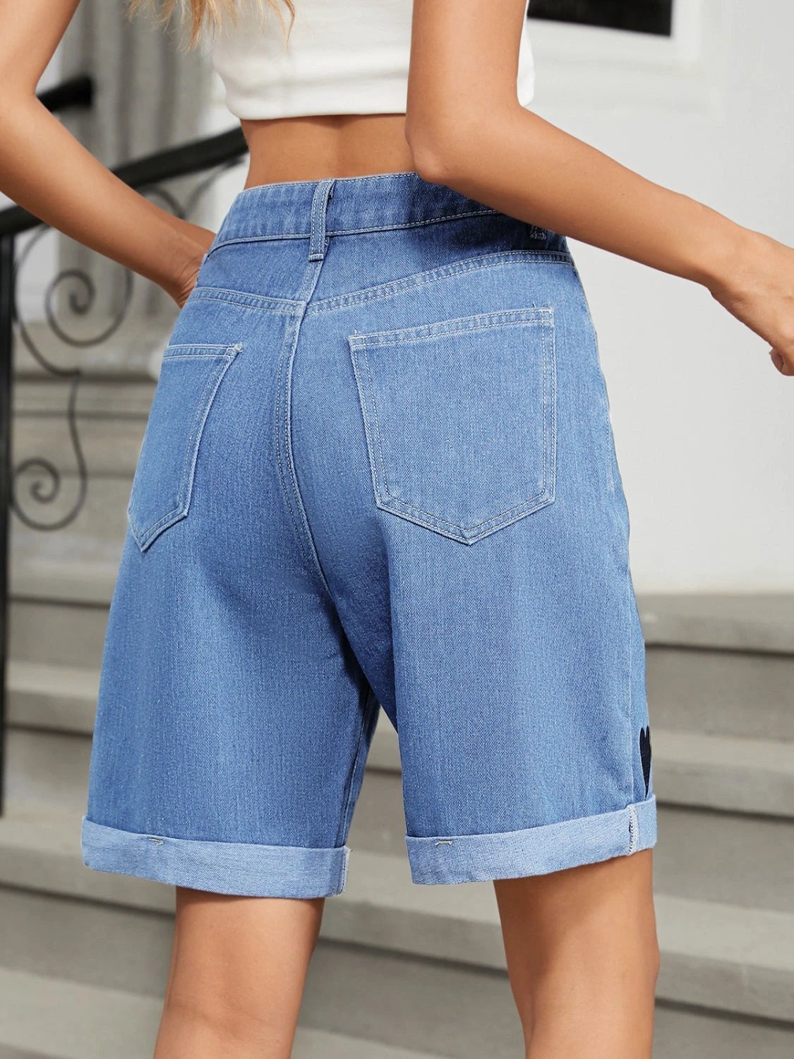 Heart-Pattern Rolled Hem Denim Shorts by Lady Ros