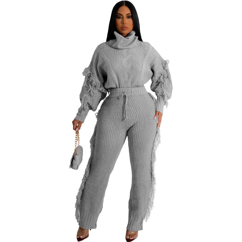 Casual Solid Color Knitted Long Sleeve Turtleneck Tassel Suit by GJG Denim
