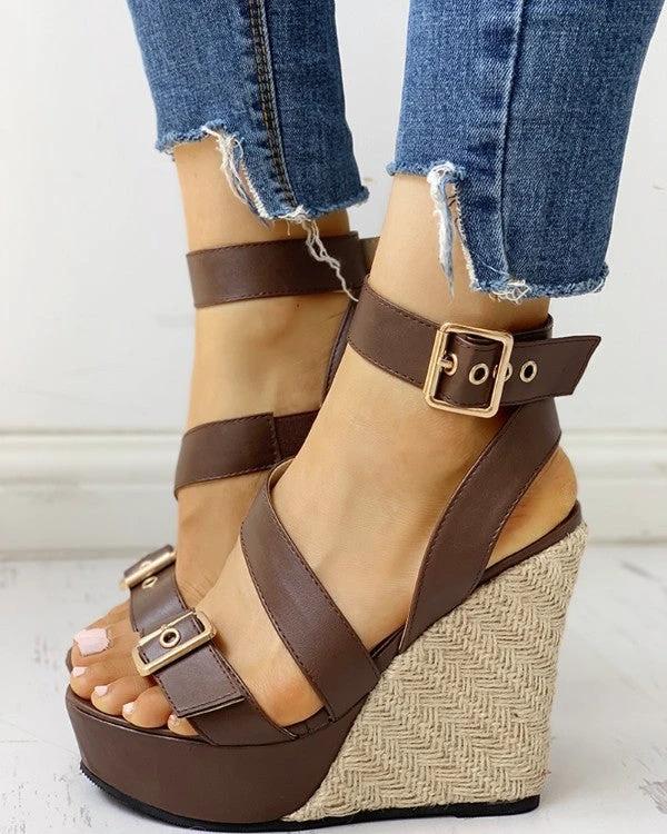 Women Large Size Straw Woven Wedge Heel Super High Heel Sandals by GJG Denim