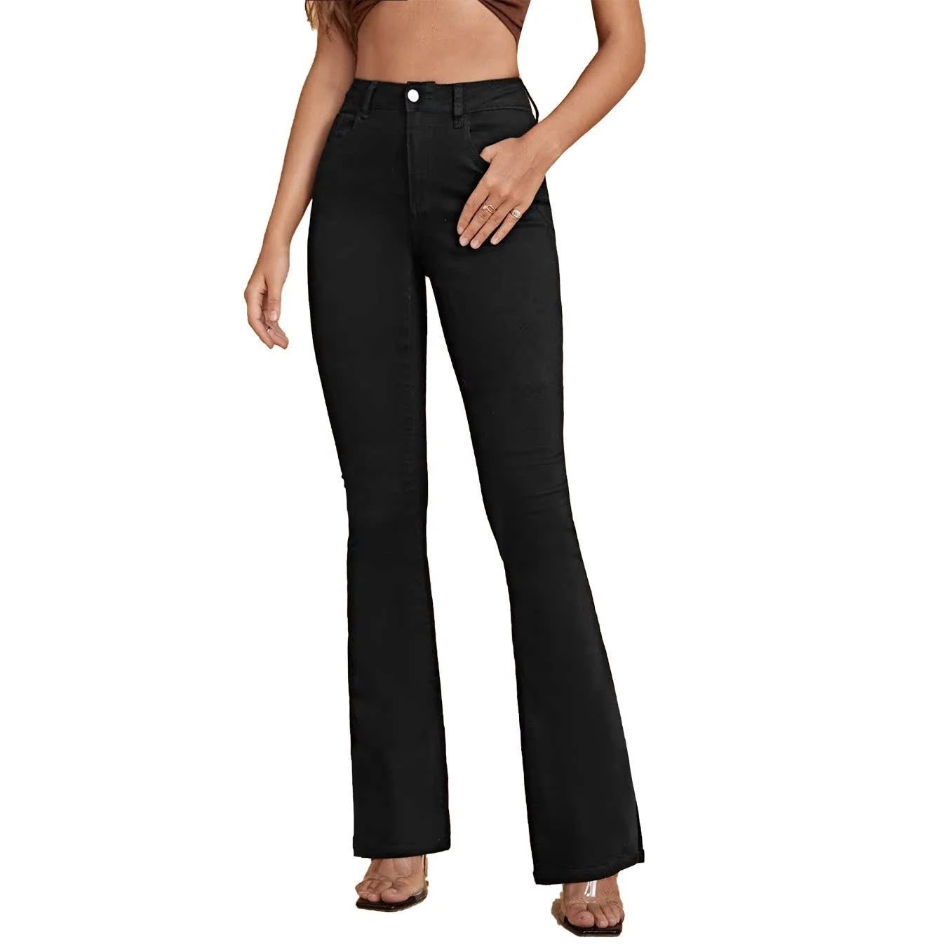 High Elastic Highwaisted Black And White Flared Pants That Slim The Figure by GJG Denim