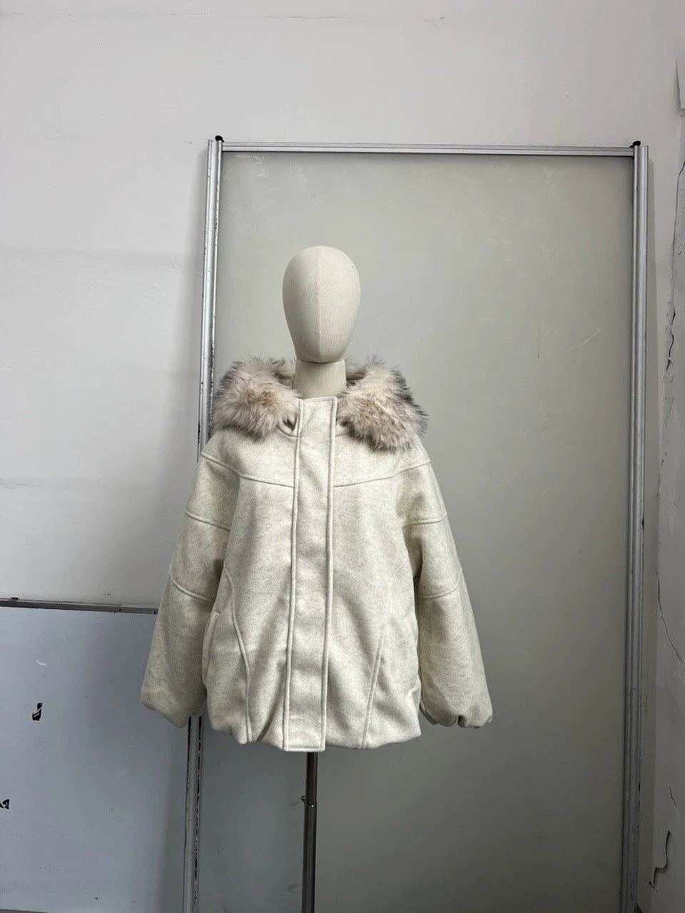 Womens Stylish Woolen Coat With A Big Fur Collar And Zipper by GJG Denim