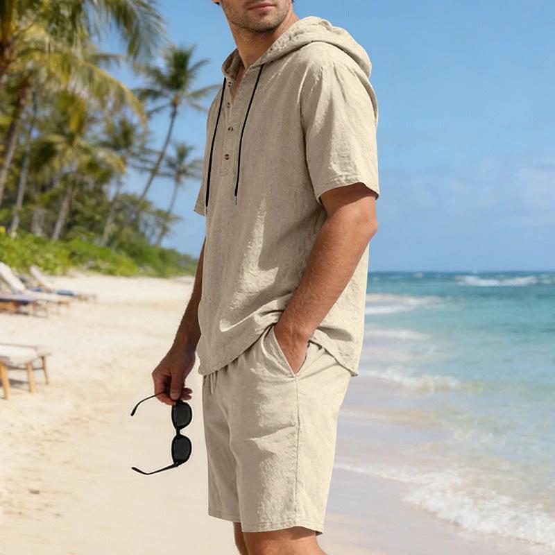 Mens Loose Breathable Linen Hooded Casual Set by GJG Denim