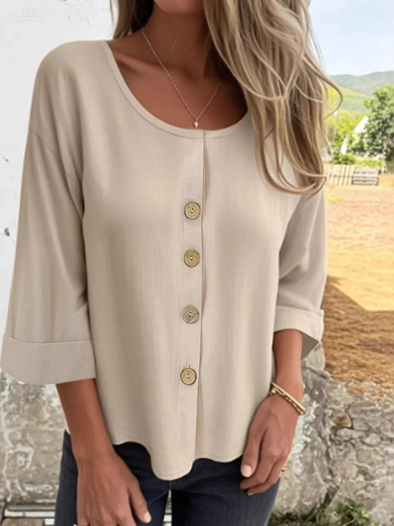Full Size Button-Front 3/4 Sleeve Casual Blouse Plus Size by Lady Ros