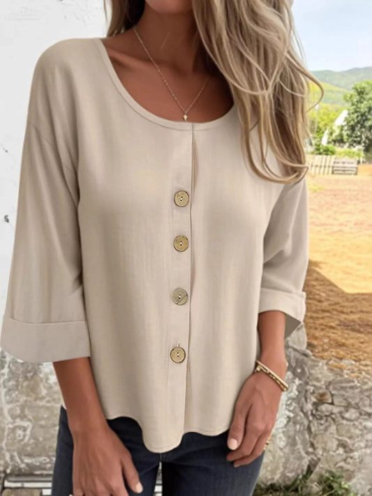 Full Size Button-Front 3/4 Sleeve Casual Blouse Plus Size by Lady Ros