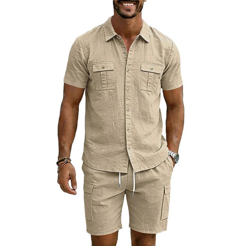 Men's Lapel Shirt And Multi-Pocket Shorts Set by GJG Denim
