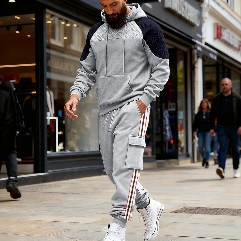 Loose Color-block Textured Hoodie And Sweatpants Casual Set by GJG Denim