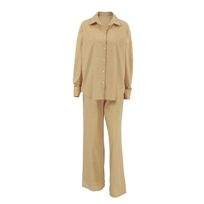 Loose Cotton And Linen Breathable Long Sleeves Trousers Two-piece Set by GJG Denim