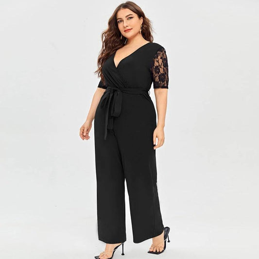 Women's Deep V Neck Lace Short Sleeve Plus Size Jumpsuit by GJG Denim