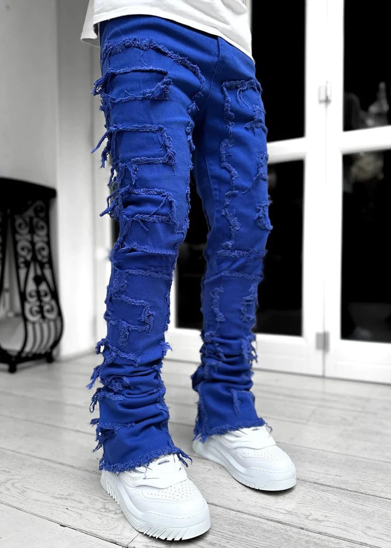 Men's Individual Patched Pants Long Tight Fit Stacked Jeans by GJG Denim