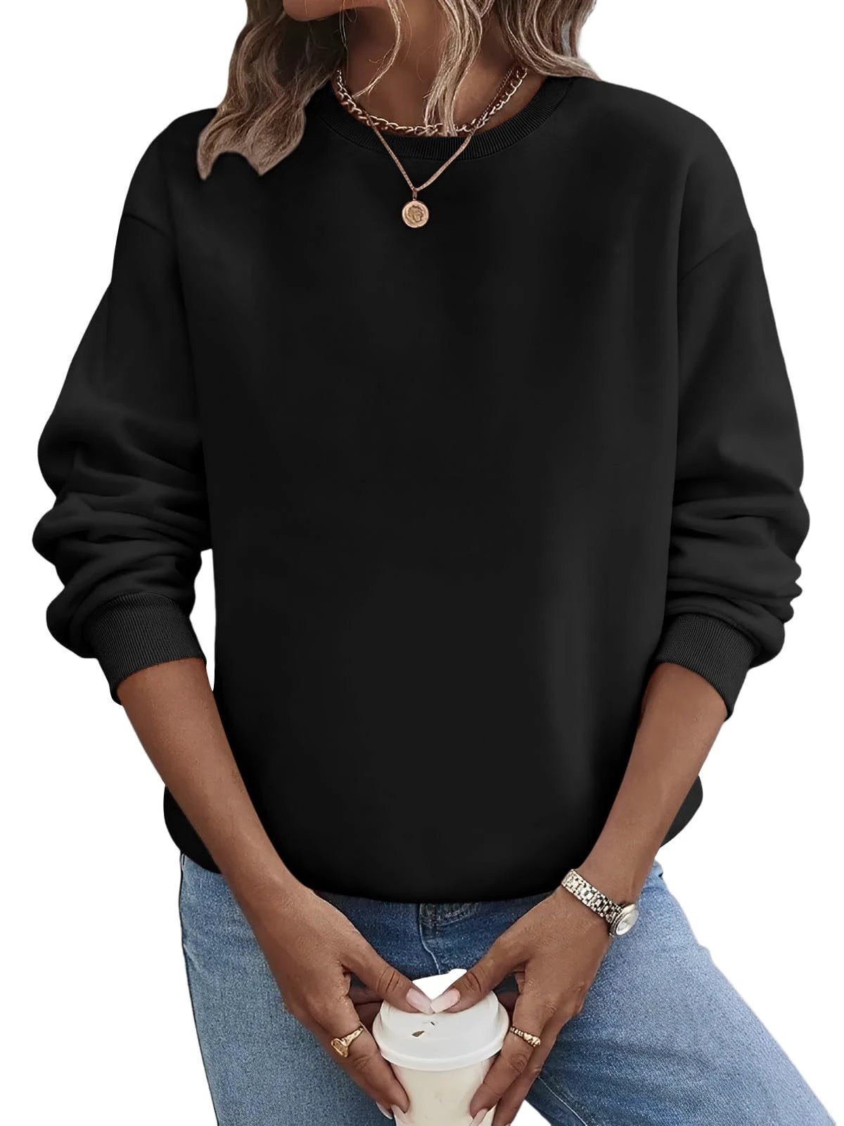 Solid Color Blank Round Neck Plus Size Fashion Sweater by GJG Denim
