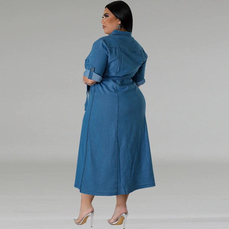 Denim Lapel Long Sleeve Tied Midi Dress by GJG Denim