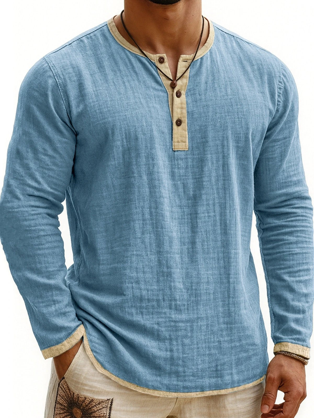 Men's Two-tone Henley Shirt 3-button Casual Long Sleeve Shirt by GJG Denim