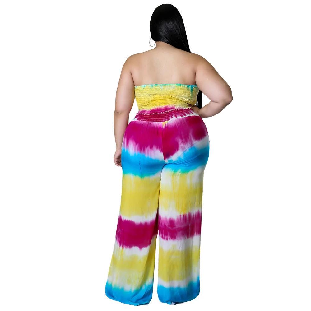 Women's Tie-dye Print Chest-wrapped Backless Plus Size Two-piece Suit by GJG Denim