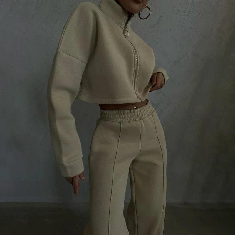 Women's Solid Color Round Neck Pullover Long Sleeve Sweater Trousers Suit by GJG Denim